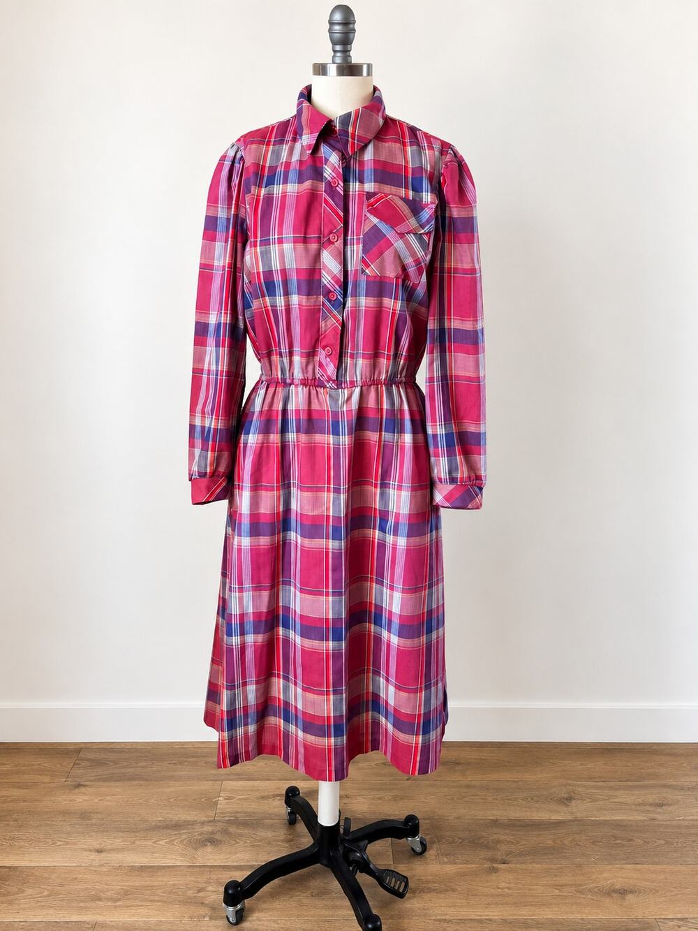 VTG 80s Mustard Seed Plaid Shirt Dress Red Purple Puff Sleeve Pockets Size L